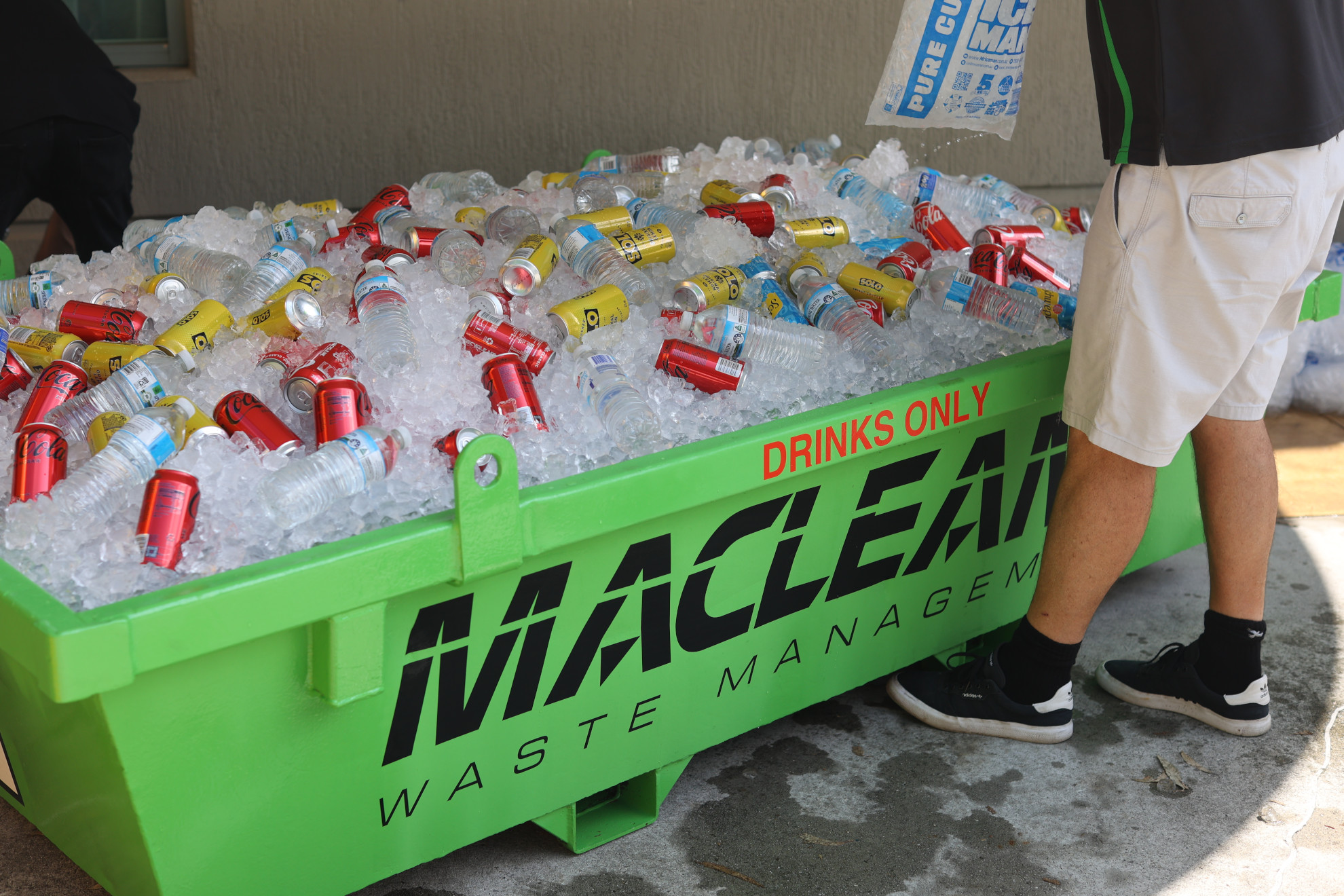 Ice cold drinks in a specialised drinks only skip bin
